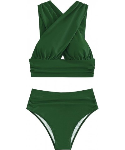 Criss Cross Cutout Bikini Ruched High Waisted Tummy Control Swimsuit Set 2 Piece Dark Green $18.92 Swimsuits