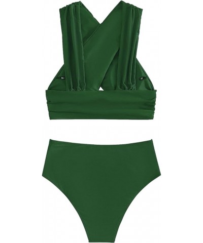 Criss Cross Cutout Bikini Ruched High Waisted Tummy Control Swimsuit Set 2 Piece Dark Green $18.92 Swimsuits