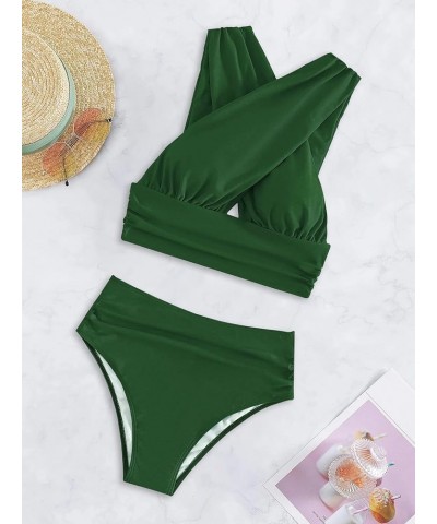 Criss Cross Cutout Bikini Ruched High Waisted Tummy Control Swimsuit Set 2 Piece Dark Green $18.92 Swimsuits