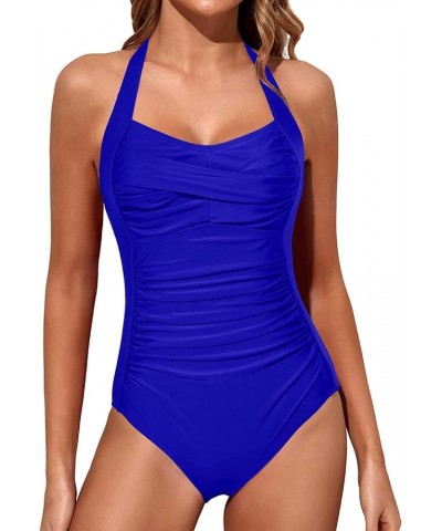 Women Tummy Control One Piece Swimsuits Push Up Slimming Bathing Suits Halter Vintage Swimwear Royal Blue $11.25 Swimsuits