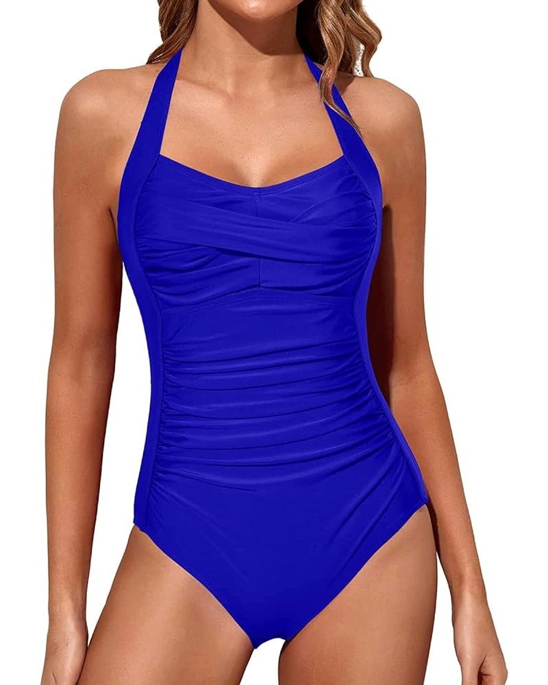 Women Tummy Control One Piece Swimsuits Push Up Slimming Bathing Suits Halter Vintage Swimwear Royal Blue $11.25 Swimsuits