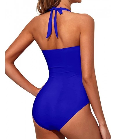 Women Tummy Control One Piece Swimsuits Push Up Slimming Bathing Suits Halter Vintage Swimwear Royal Blue $11.25 Swimsuits