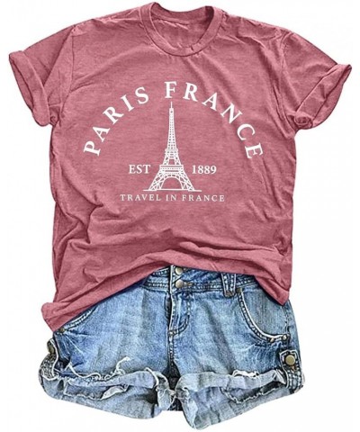 Paris France Shirt Women Eiffel Tower T Shirt Travel in France Tshirts Vacation Tees Paris Tops Pink $9.89 T-Shirts