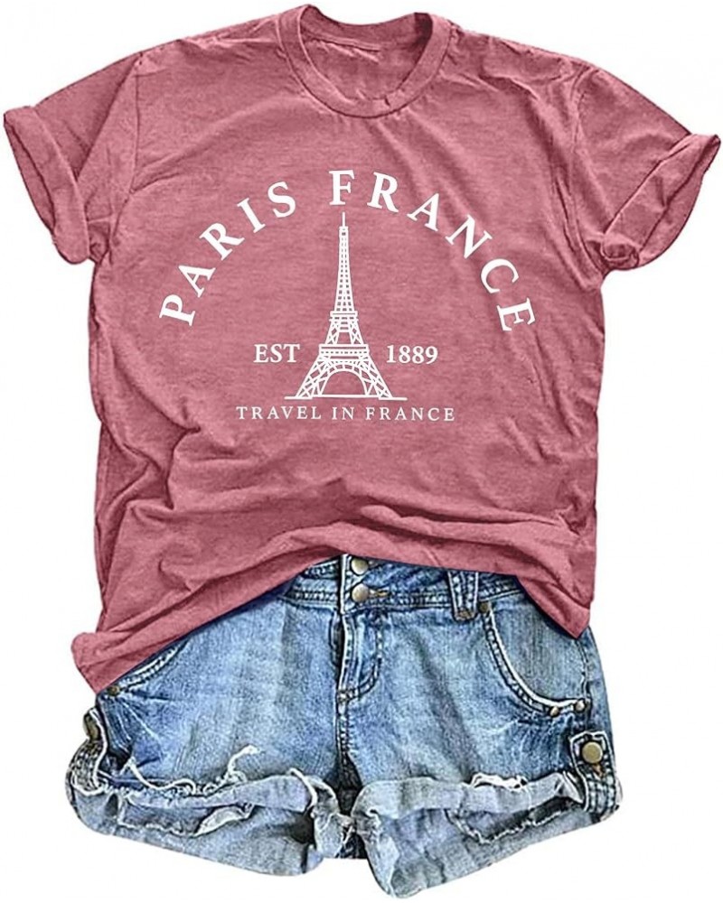 Paris France Shirt Women Eiffel Tower T Shirt Travel in France Tshirts Vacation Tees Paris Tops Pink $9.89 T-Shirts