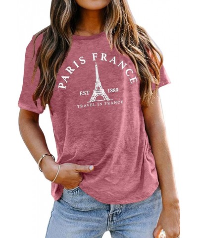 Paris France Shirt Women Eiffel Tower T Shirt Travel in France Tshirts Vacation Tees Paris Tops Pink $9.89 T-Shirts