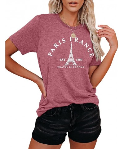 Paris France Shirt Women Eiffel Tower T Shirt Travel in France Tshirts Vacation Tees Paris Tops Pink $9.89 T-Shirts