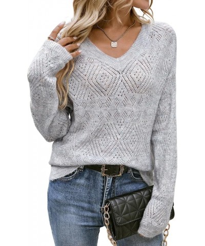 Women's Solid Hollow Out V Neck Long Sleeve Sheer Knitted Pullover Sweater Light Grey $19.13 Sweaters