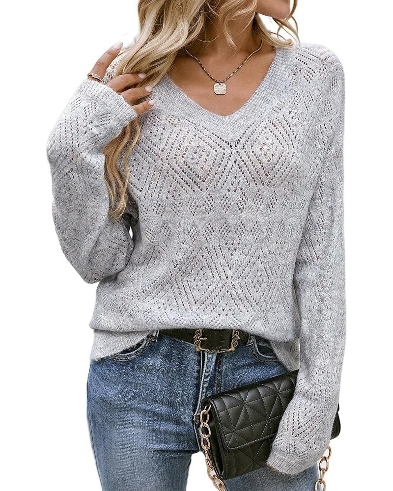 Women's Solid Hollow Out V Neck Long Sleeve Sheer Knitted Pullover Sweater Light Grey $19.13 Sweaters