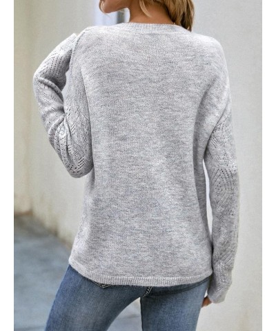 Women's Solid Hollow Out V Neck Long Sleeve Sheer Knitted Pullover Sweater Light Grey $19.13 Sweaters