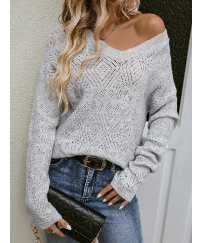 Women's Solid Hollow Out V Neck Long Sleeve Sheer Knitted Pullover Sweater Light Grey $19.13 Sweaters