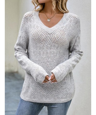 Women's Solid Hollow Out V Neck Long Sleeve Sheer Knitted Pullover Sweater Light Grey $19.13 Sweaters