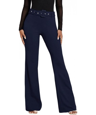 Women's Casual High Waist Flare Wide Leg Pants Buckle Belted Long Trousers Pants Navy Blue $21.27 Pants