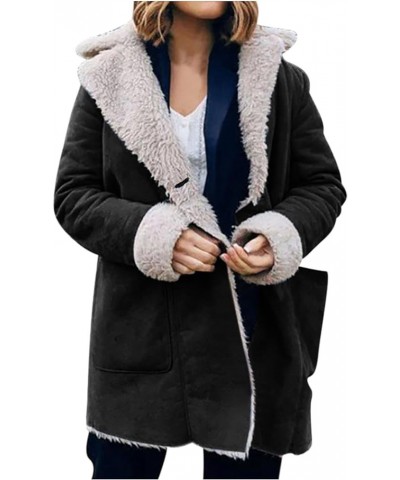 Women Winter Cozy Faux Fur Shearling Fleece Zip Shacket Lamb Wool Padded Coat Parka Faux Suede Pea Coat Outerwear 01 Black $1...