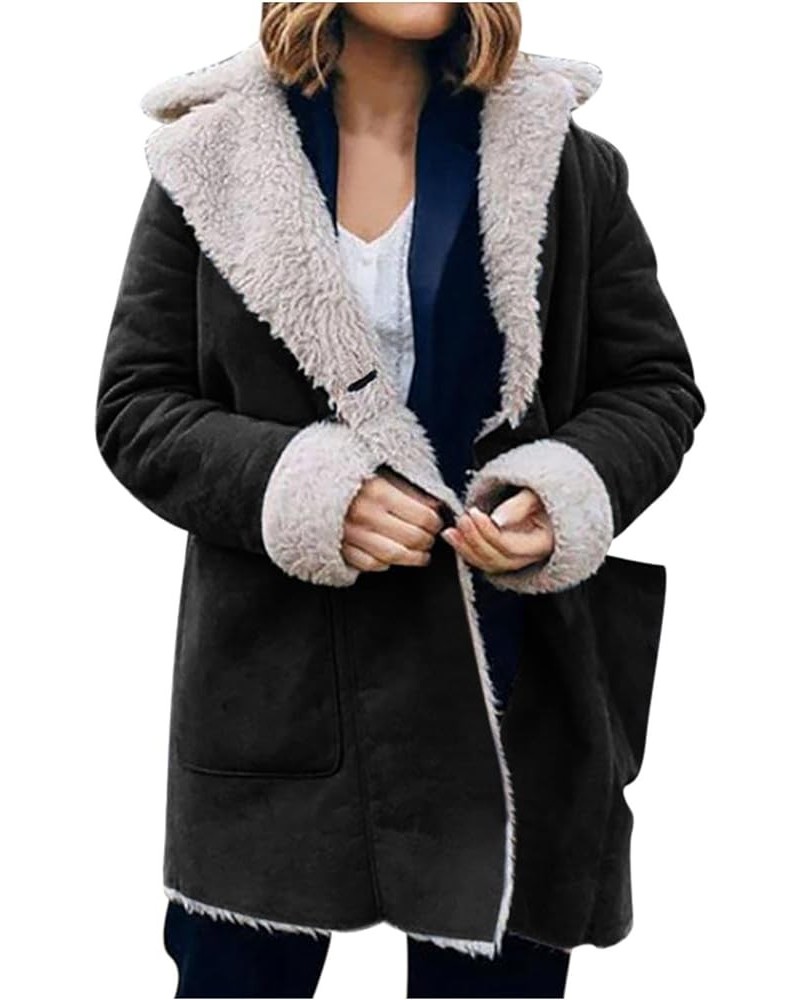 Women Winter Cozy Faux Fur Shearling Fleece Zip Shacket Lamb Wool Padded Coat Parka Faux Suede Pea Coat Outerwear 01 Black $1...