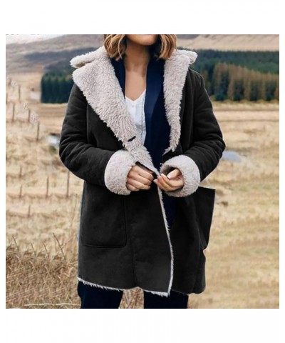 Women Winter Cozy Faux Fur Shearling Fleece Zip Shacket Lamb Wool Padded Coat Parka Faux Suede Pea Coat Outerwear 01 Black $1...