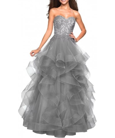 Long Sweetheart Prom Dresses A-Line Strapless Ball Gown Layered Tulle Evening Dress Floor Length Lace Party Dresses Grey $43....