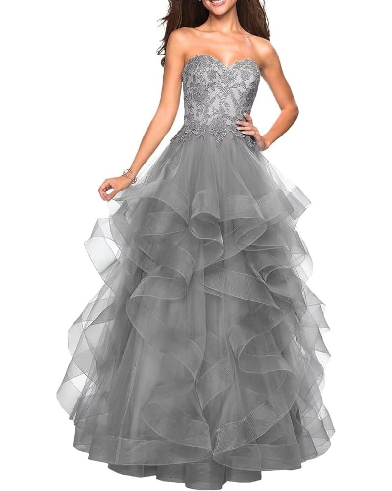 Long Sweetheart Prom Dresses A-Line Strapless Ball Gown Layered Tulle Evening Dress Floor Length Lace Party Dresses Grey $43....