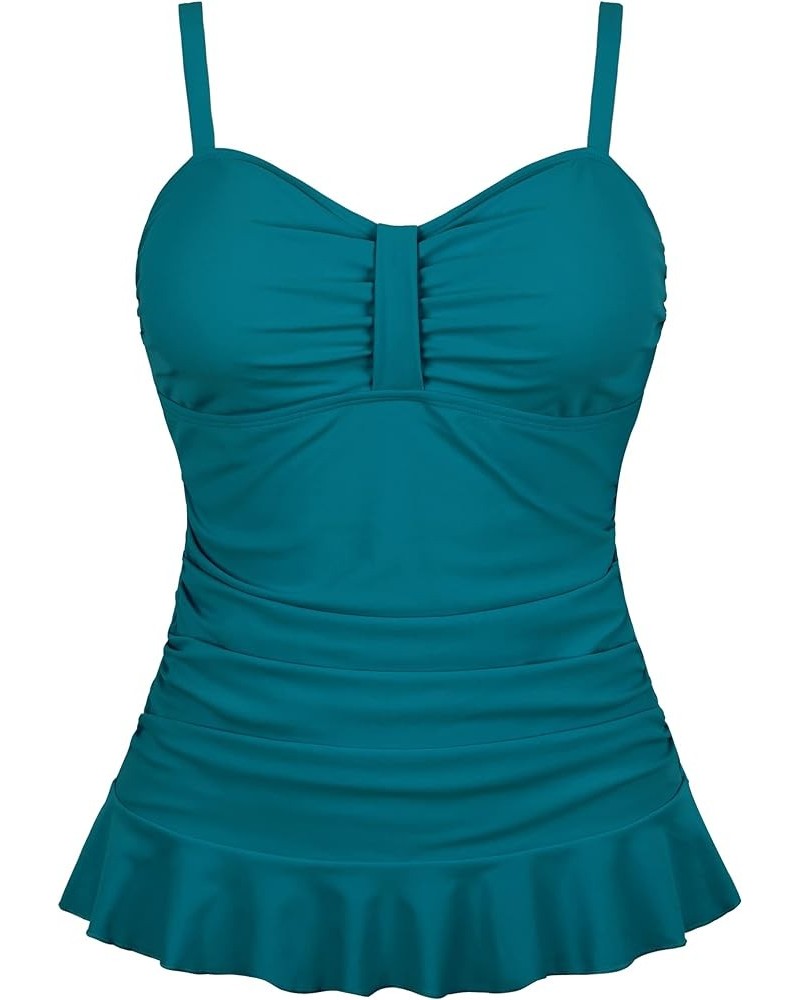 Women's 50's Retro Ruched Tankini Swimsuit Top with Ruffle Hem Ocean Depths $14.40 Swimsuits