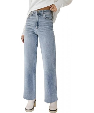 Straight Leg Jeans for Women High Waisted Jeans Frayed Baggy Pants Raw Hem Loose Stretchy Cropped Wide Leg Jeans 0921_light B...