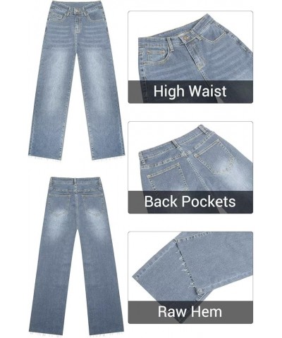 Straight Leg Jeans for Women High Waisted Jeans Frayed Baggy Pants Raw Hem Loose Stretchy Cropped Wide Leg Jeans 0921_light B...