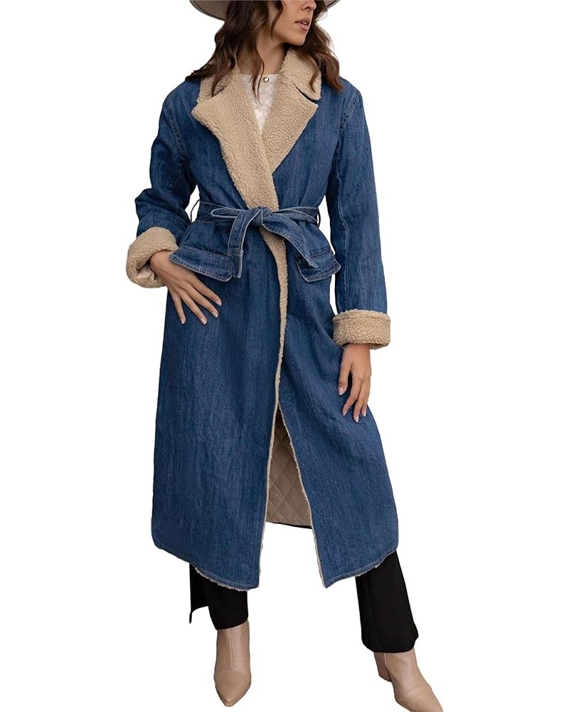 Women's Denim Wrap Coat Vintage Sherpa Notch Lapel Quilted Lined Patchwork Trench Coat Winter Overcoat Blue $25.42 Jackets