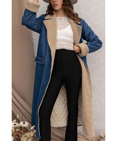 Women's Denim Wrap Coat Vintage Sherpa Notch Lapel Quilted Lined Patchwork Trench Coat Winter Overcoat Blue $25.42 Jackets