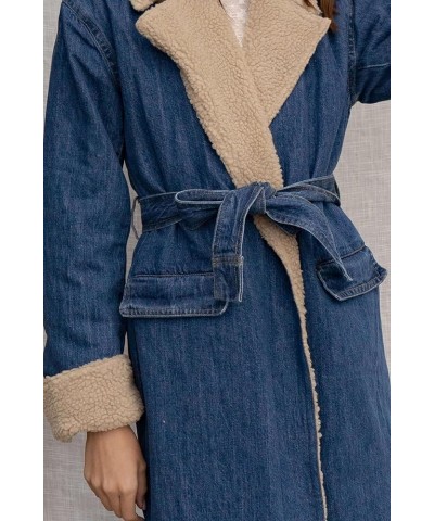 Women's Denim Wrap Coat Vintage Sherpa Notch Lapel Quilted Lined Patchwork Trench Coat Winter Overcoat Blue $25.42 Jackets