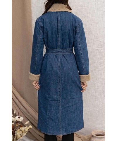 Women's Denim Wrap Coat Vintage Sherpa Notch Lapel Quilted Lined Patchwork Trench Coat Winter Overcoat Blue $25.42 Jackets