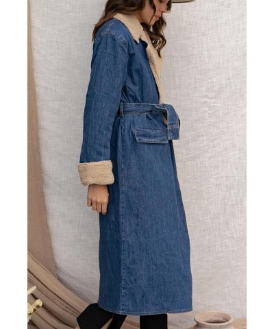 Women's Denim Wrap Coat Vintage Sherpa Notch Lapel Quilted Lined Patchwork Trench Coat Winter Overcoat Blue $25.42 Jackets