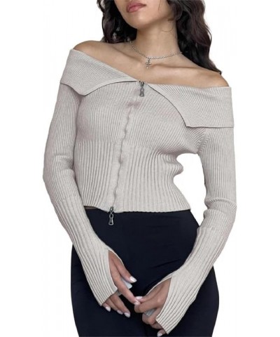 Women Sexy Off Shoulder Tops Y2k Slim Fit Long Sleeve Shirt Vintage Ribbed Knit Crop Tee Solid Sweater Streetwear C5-ribbed K...