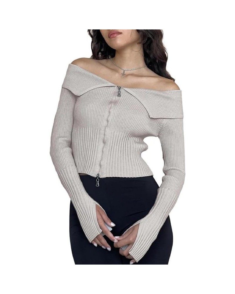 Women Sexy Off Shoulder Tops Y2k Slim Fit Long Sleeve Shirt Vintage Ribbed Knit Crop Tee Solid Sweater Streetwear C5-ribbed K...