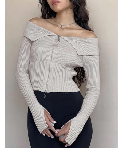 Women Sexy Off Shoulder Tops Y2k Slim Fit Long Sleeve Shirt Vintage Ribbed Knit Crop Tee Solid Sweater Streetwear C5-ribbed K...