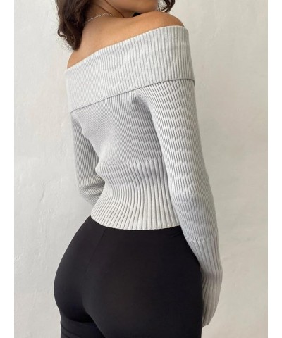 Women Sexy Off Shoulder Tops Y2k Slim Fit Long Sleeve Shirt Vintage Ribbed Knit Crop Tee Solid Sweater Streetwear C5-ribbed K...