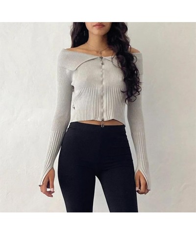 Women Sexy Off Shoulder Tops Y2k Slim Fit Long Sleeve Shirt Vintage Ribbed Knit Crop Tee Solid Sweater Streetwear C5-ribbed K...