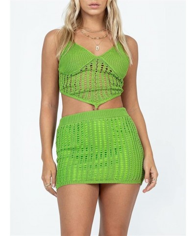 Women 2Pcs Crochet Knit Skirt Set Tube Crop Top + High Waist Bodycon Skirt Cover Up Beachwear Green B $13.99 Swimsuits