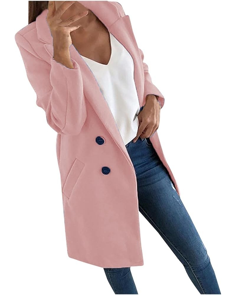 Women's Basic Essential Double Breasted Midi Wool Blend Pea Coats 2022 Blazer Jackets for Women Winter Coat 02-pink $7.94 Coats