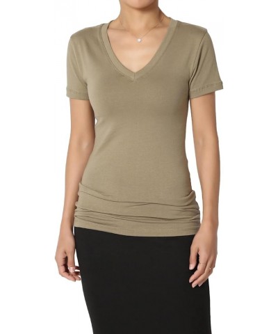 Women's Basic V Neck Short Sleeve T-Shirts Plain Stretch Cotton Spandex Top Tee Khaki Green $9.00 T-Shirts