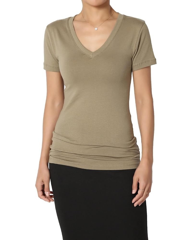 Women's Basic V Neck Short Sleeve T-Shirts Plain Stretch Cotton Spandex Top Tee Khaki Green $9.00 T-Shirts