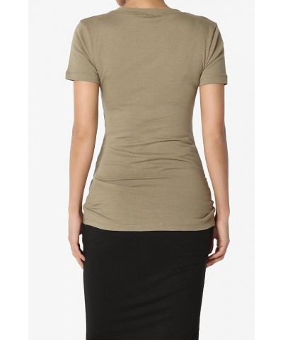 Women's Basic V Neck Short Sleeve T-Shirts Plain Stretch Cotton Spandex Top Tee Khaki Green $9.00 T-Shirts