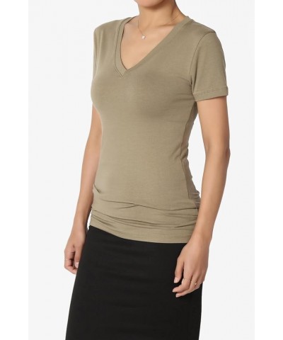 Women's Basic V Neck Short Sleeve T-Shirts Plain Stretch Cotton Spandex Top Tee Khaki Green $9.00 T-Shirts