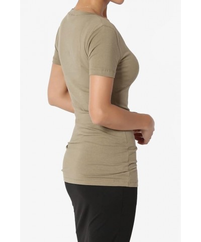 Women's Basic V Neck Short Sleeve T-Shirts Plain Stretch Cotton Spandex Top Tee Khaki Green $9.00 T-Shirts