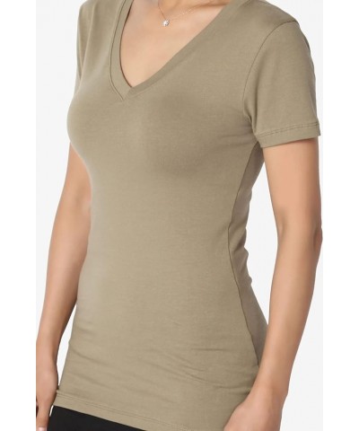 Women's Basic V Neck Short Sleeve T-Shirts Plain Stretch Cotton Spandex Top Tee Khaki Green $9.00 T-Shirts