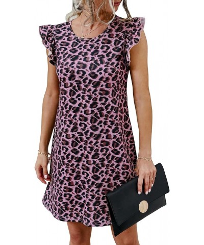 Women's Leopard Ruffle Trim Cap Sleeve Round Neck Short Tunic Dress Purple $8.84 Dresses