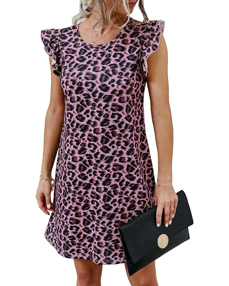 Women's Leopard Ruffle Trim Cap Sleeve Round Neck Short Tunic Dress Purple $8.84 Dresses