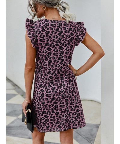 Women's Leopard Ruffle Trim Cap Sleeve Round Neck Short Tunic Dress Purple $8.84 Dresses