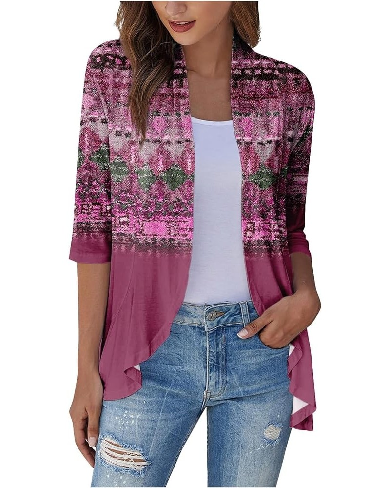 Long Sleeve Kimono for Women Lightweight 3/4 Sleeve Cardigans Retro Print Jackets Casual Duster Blouse Tops Coat 5-hot Pink $...