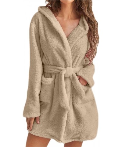 Coral Fleece Bathrobe for Womens Mid-Length Ultra Soft Cozy Nightgown Sleepwear Ladies Loungewear with Hood and Belt Ao-khaki...