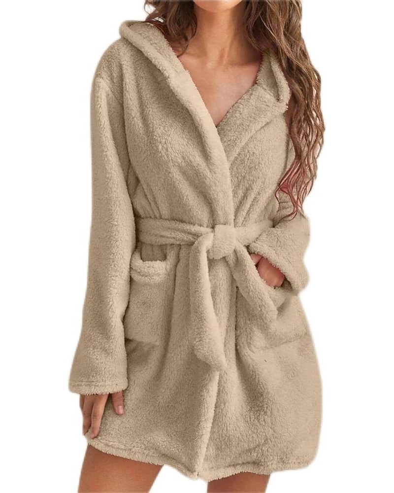 Coral Fleece Bathrobe for Womens Mid-Length Ultra Soft Cozy Nightgown Sleepwear Ladies Loungewear with Hood and Belt Ao-khaki...