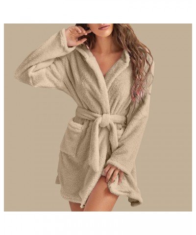 Coral Fleece Bathrobe for Womens Mid-Length Ultra Soft Cozy Nightgown Sleepwear Ladies Loungewear with Hood and Belt Ao-khaki...