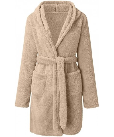 Coral Fleece Bathrobe for Womens Mid-Length Ultra Soft Cozy Nightgown Sleepwear Ladies Loungewear with Hood and Belt Ao-khaki...